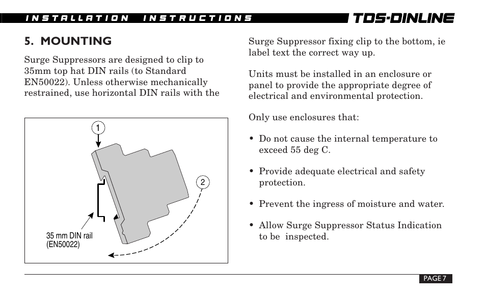 Mounting | ERICO TDS-DINLINE Surge Suppressor User Manual | Page 7 / 32