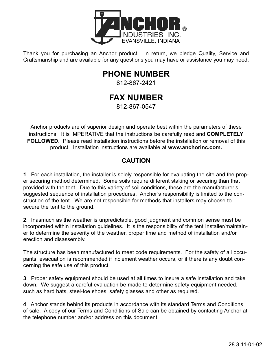 Phone number, Fax number | Anchor Industries NAVI-TRAC NAV40GBL-1104 User Manual | Page 16 / 16
