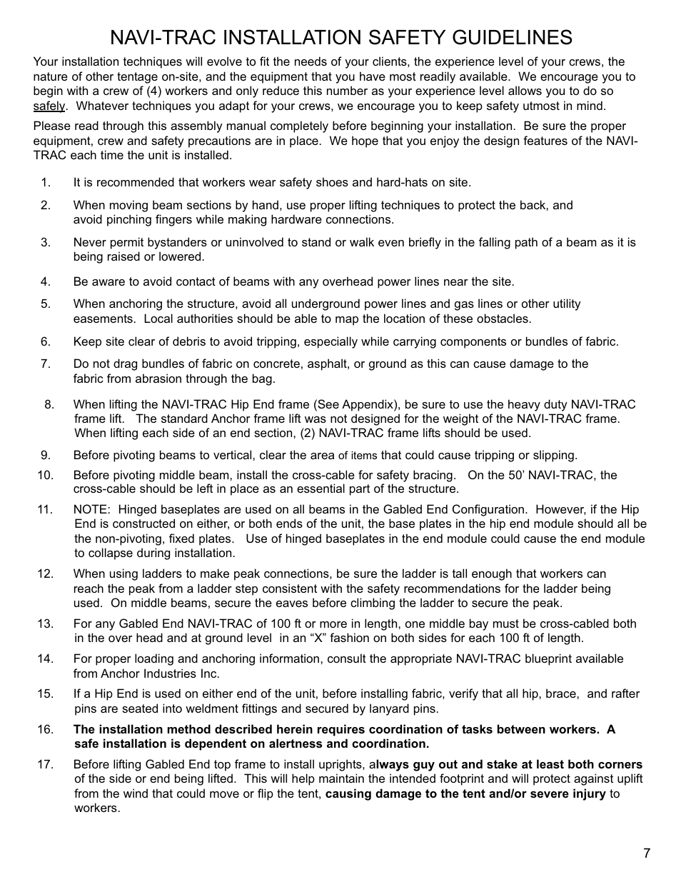 Navi-trac installation safety guidelines | Anchor Industries NAVI-TRAC NAV40GBL-1104 User Manual | Page 7 / 16