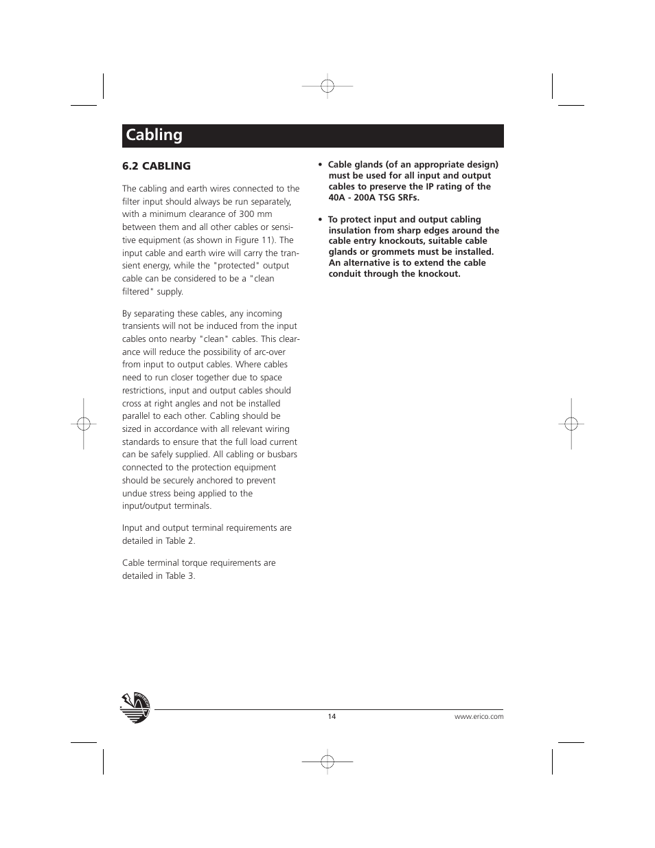 Cabling | ERICO TSG Series Surge Reduction Filters (TSG-RSF) User Manual | Page 14 / 28