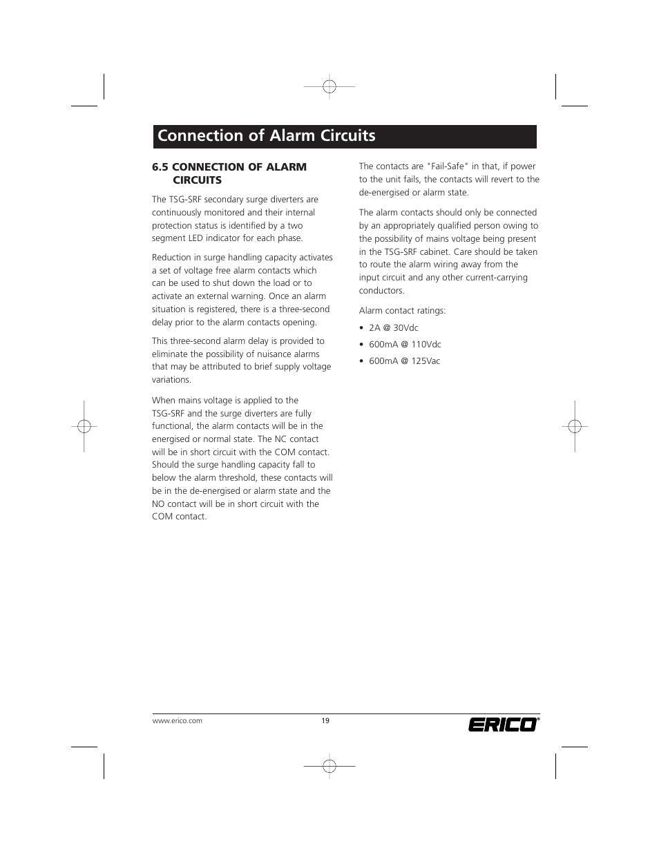 Connection of alarm circuits | ERICO TSG Series Surge Reduction Filters (TSG-RSF) User Manual | Page 19 / 28