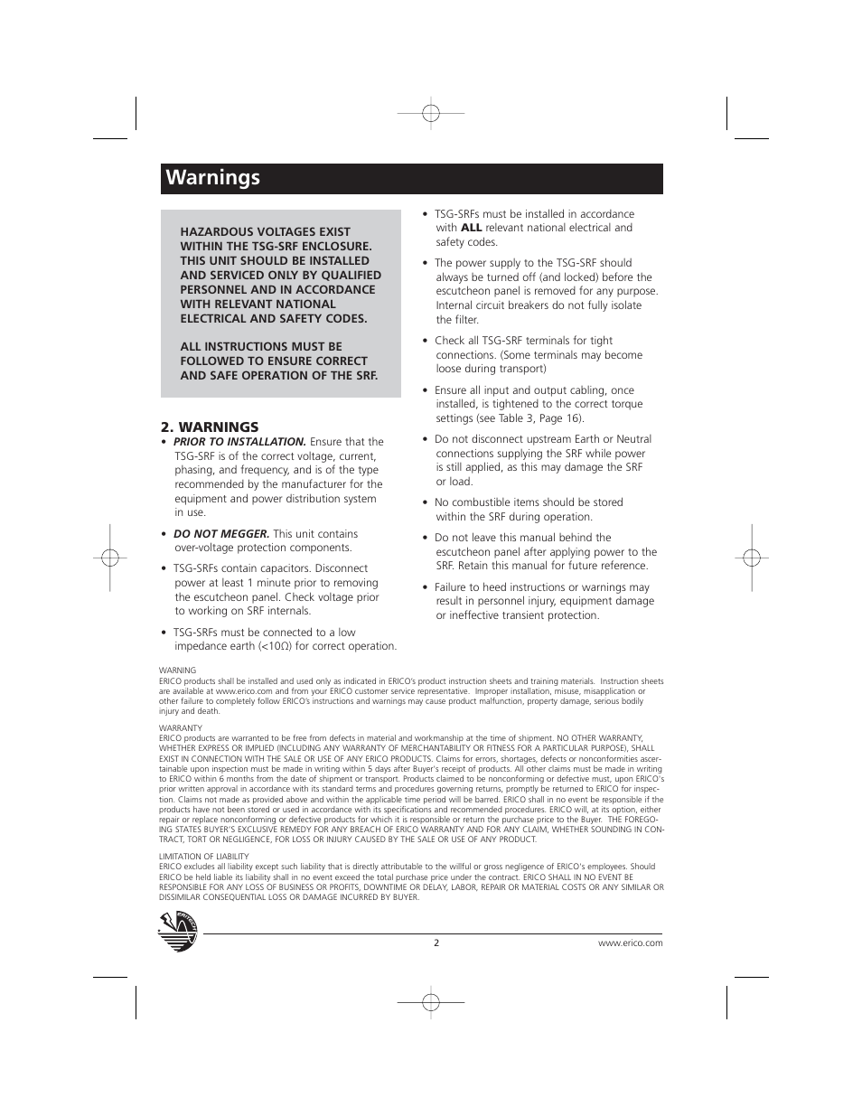 Warnings | ERICO TSG Series Surge Reduction Filters (TSG-RSF) User Manual | Page 2 / 28
