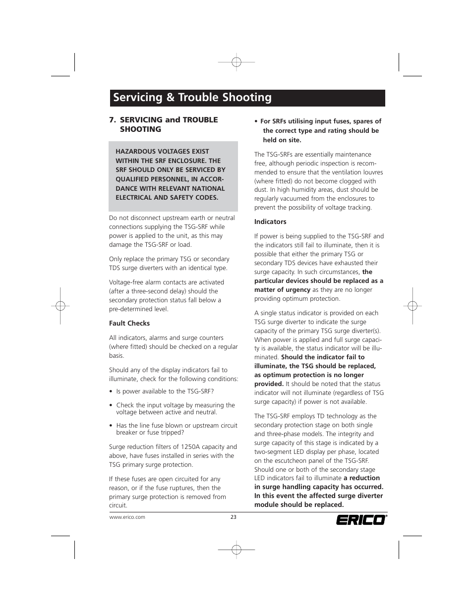 Servicing & trouble shooting | ERICO TSG Series Surge Reduction Filters (TSG-RSF) User Manual | Page 23 / 28