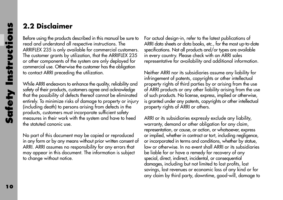 2 disclaimer, Safety instr uctions | ARRI ARRIFLEX 235 User Manual | Page 10 / 178