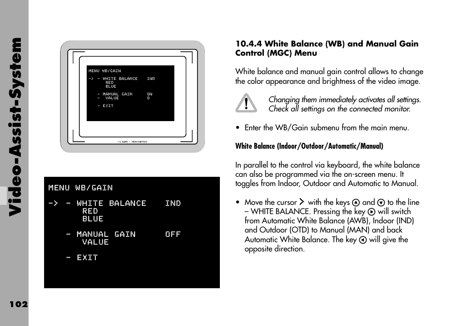 4 white balance (wb) and, Manual gain control (mgc) menu, Video-assist-system | ARRI ARRIFLEX 235 User Manual | Page 102 / 178