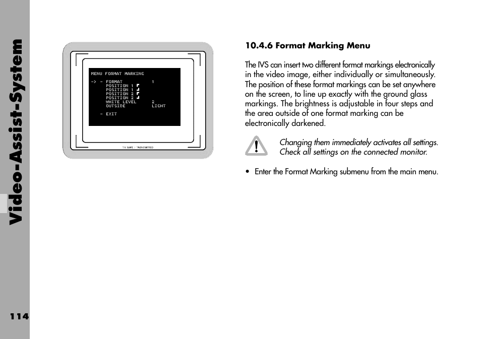 6 format marking menu, Video-assist-system | ARRI ARRIFLEX 235 User Manual | Page 114 / 178