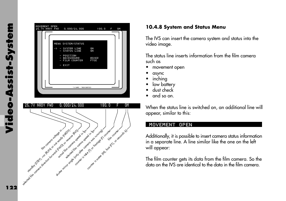 8 system and status menu, Video-assist-system | ARRI ARRIFLEX 235 User Manual | Page 122 / 178