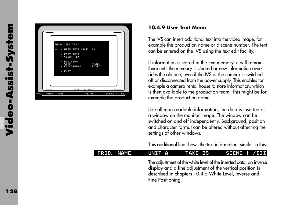 9 user text menu, Video-assist-system | ARRI ARRIFLEX 235 User Manual | Page 128 / 178