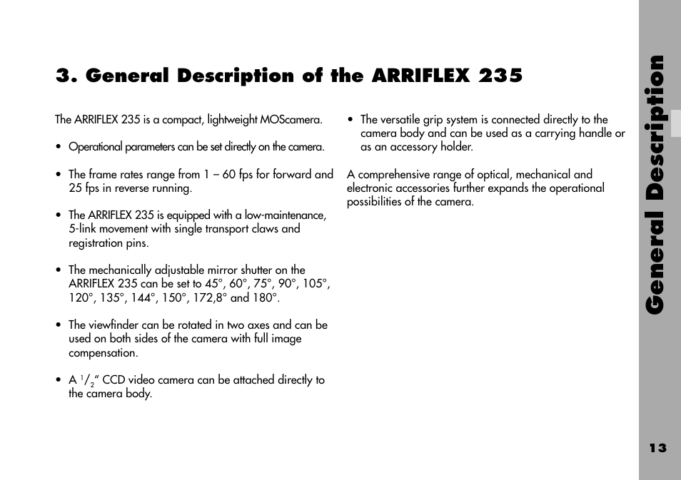 General description of the arriflex 235, General description | ARRI ARRIFLEX 235 User Manual | Page 13 / 178