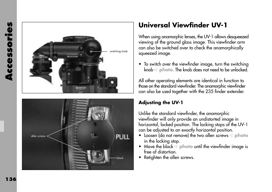 Universal viewﬁnder uv-1, Adjusting the uv-1, Accessories | ARRI ARRIFLEX 235 User Manual | Page 136 / 178