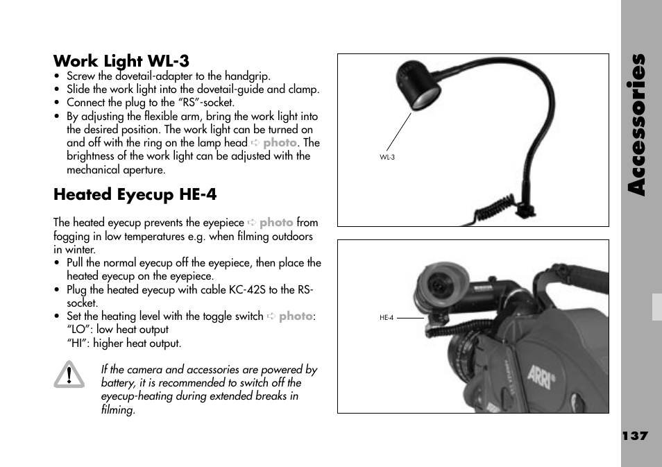 Work light wl-3, Heated eyecup he-4, Accessories | ARRI ARRIFLEX 235 User Manual | Page 137 / 178