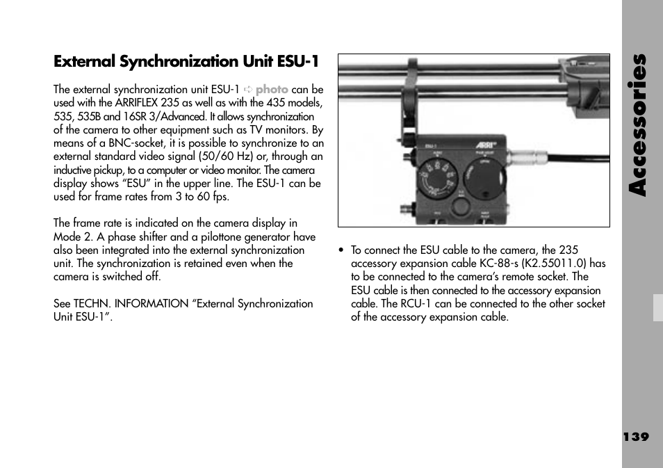 External synchronization unit esu-1, Accessories | ARRI ARRIFLEX 235 User Manual | Page 139 / 178
