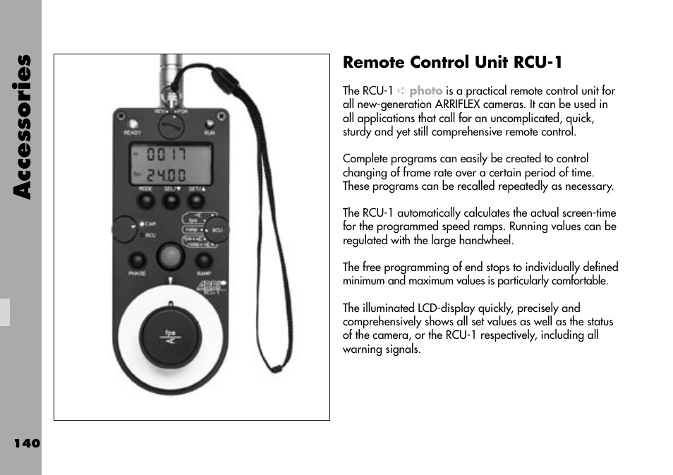 Remote control unit rcu-1, Accessories | ARRI ARRIFLEX 235 User Manual | Page 140 / 178