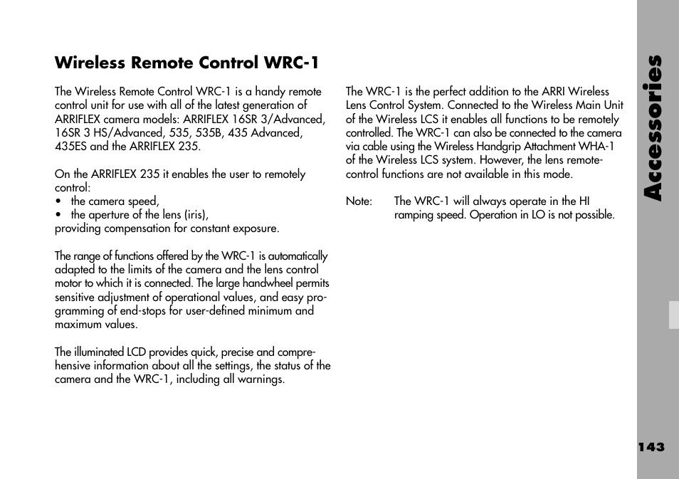 Wireless remote control wrc-1, Accessories | ARRI ARRIFLEX 235 User Manual | Page 143 / 178