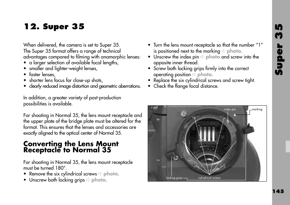 Super 35, Converting the lens mount receptacle to normal 35 | ARRI ARRIFLEX 235 User Manual | Page 145 / 178