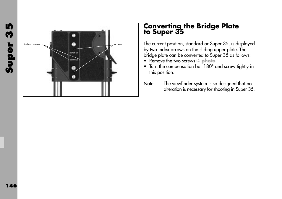 Converting the bridge plateto super 35, Super 35, Converting the bridge plate to super 35 | ARRI ARRIFLEX 235 User Manual | Page 146 / 178