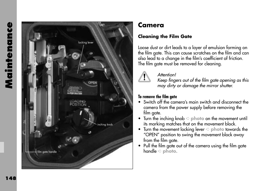 Camera, Cleaning the film gate, Maintenance | ARRI ARRIFLEX 235 User Manual | Page 148 / 178