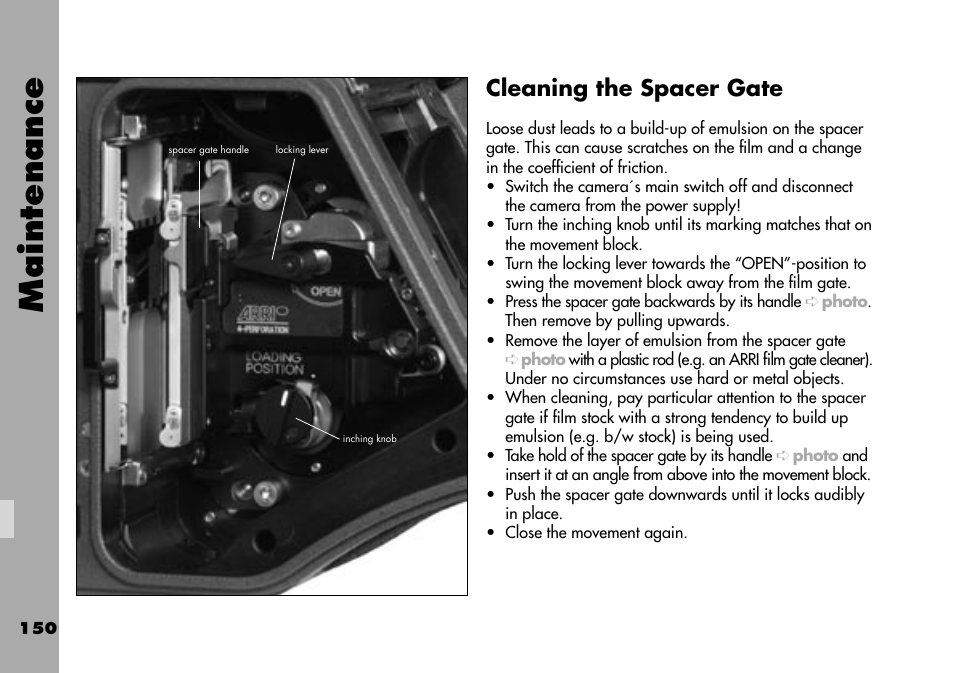 Cleaning the spacer gate, Maintenance | ARRI ARRIFLEX 235 User Manual | Page 150 / 178