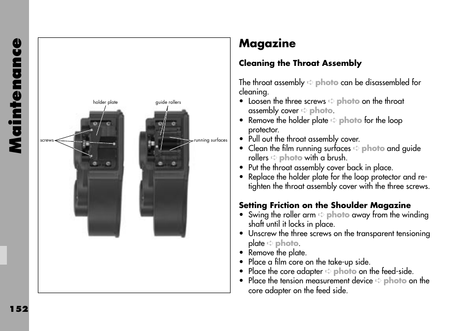 Magazine, Cleaning the throat assembly, Setting friction on the shoulder magazine | Maintenance | ARRI ARRIFLEX 235 User Manual | Page 152 / 178