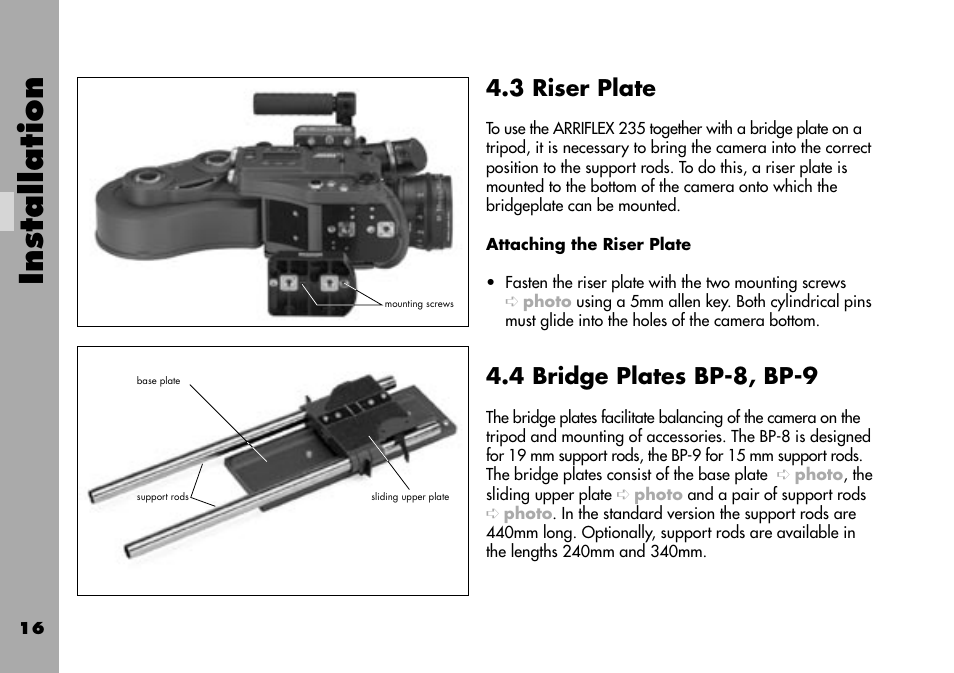 3 riser plate, Attaching the riser plate, 4 bridge plates bp-8, bp-9 | Installation | ARRI ARRIFLEX 235 User Manual | Page 16 / 178