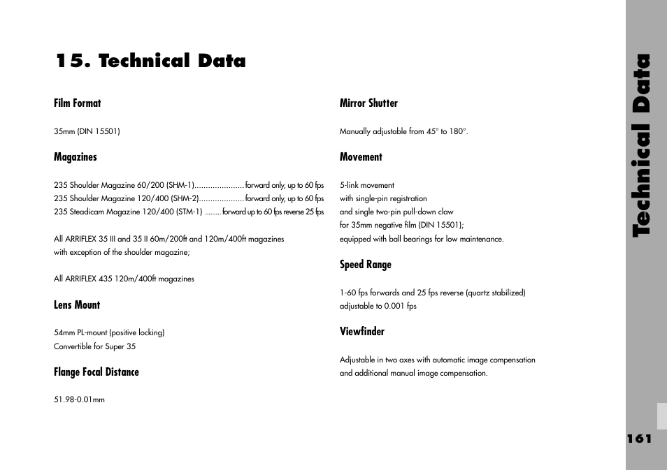 Technical data | ARRI ARRIFLEX 235 User Manual | Page 161 / 178