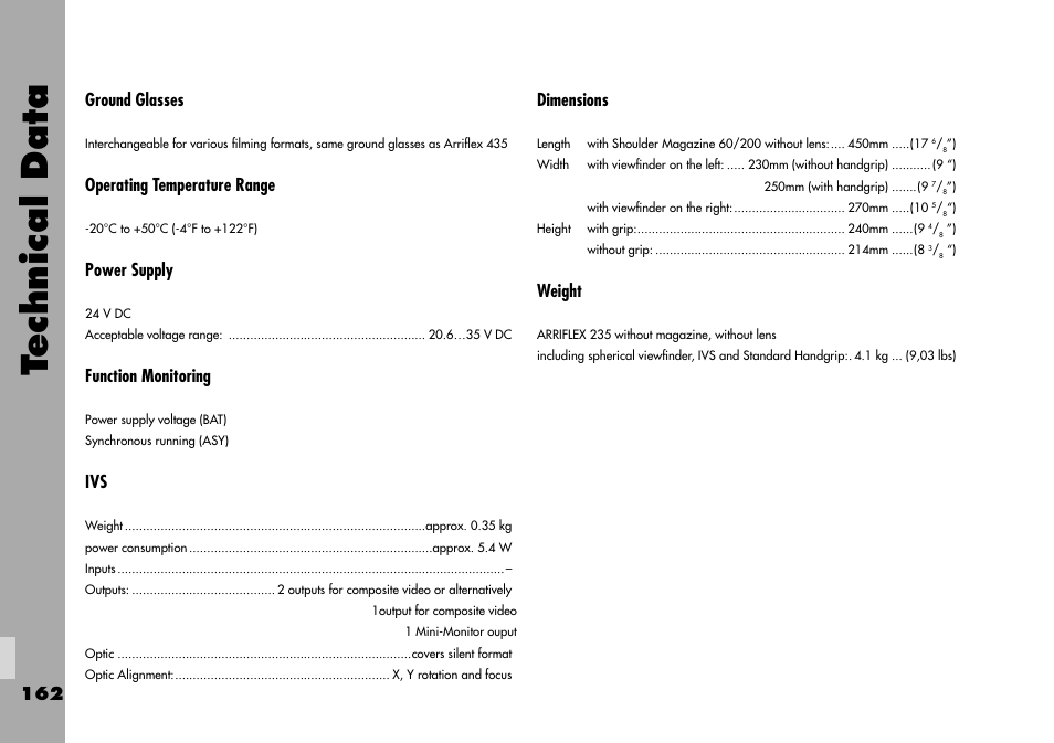 Technical data, 162 ground glasses, Operating temperature range | Power supply, Function monitoring, Dimensions, Weight | ARRI ARRIFLEX 235 User Manual | Page 162 / 178