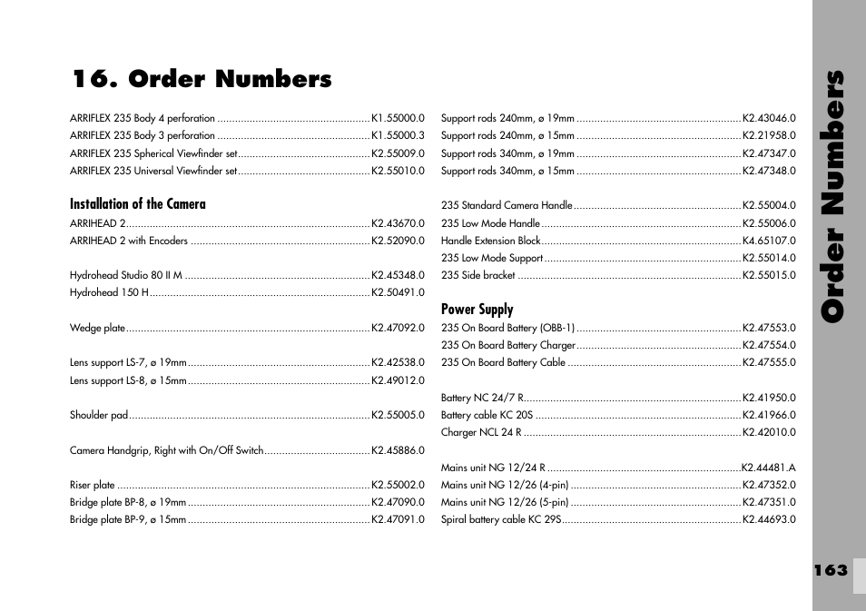 Order numbers | ARRI ARRIFLEX 235 User Manual | Page 163 / 178