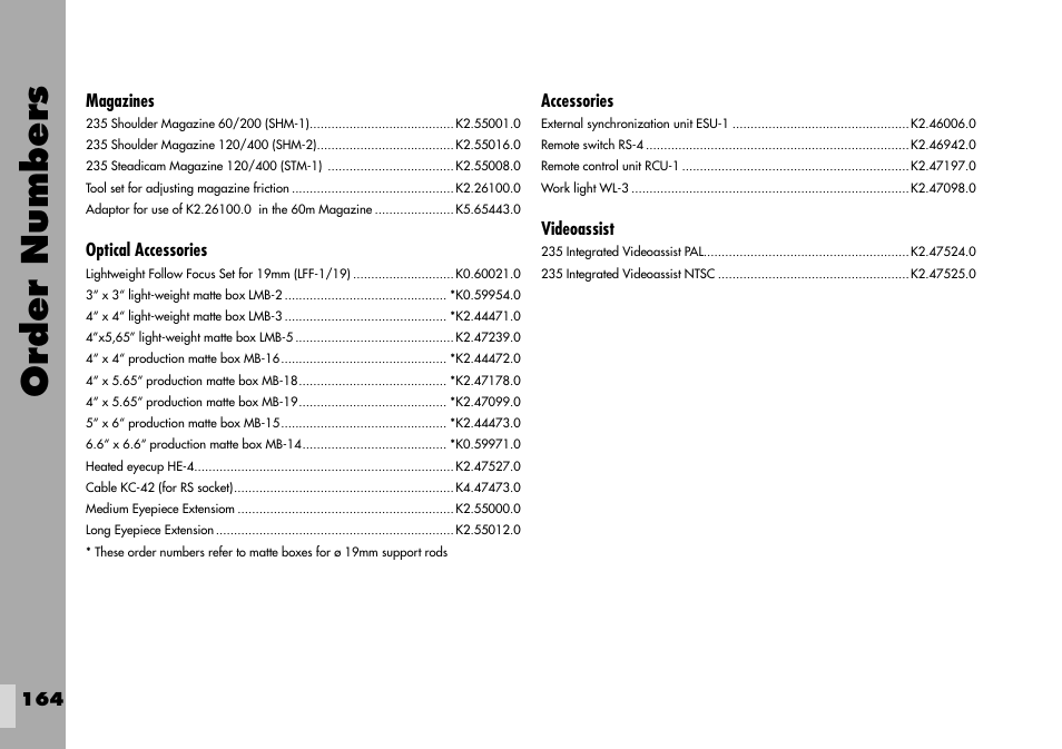 Order numbers | ARRI ARRIFLEX 235 User Manual | Page 164 / 178