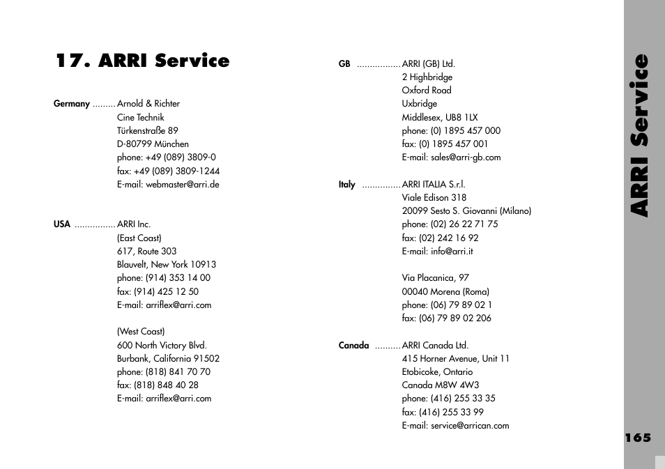 Arri service, Arri ser vice | ARRI ARRIFLEX 235 User Manual | Page 165 / 178