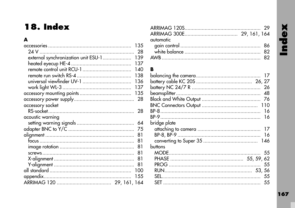 Index | ARRI ARRIFLEX 235 User Manual | Page 167 / 178