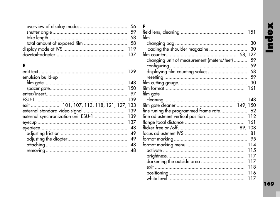 Index | ARRI ARRIFLEX 235 User Manual | Page 169 / 178