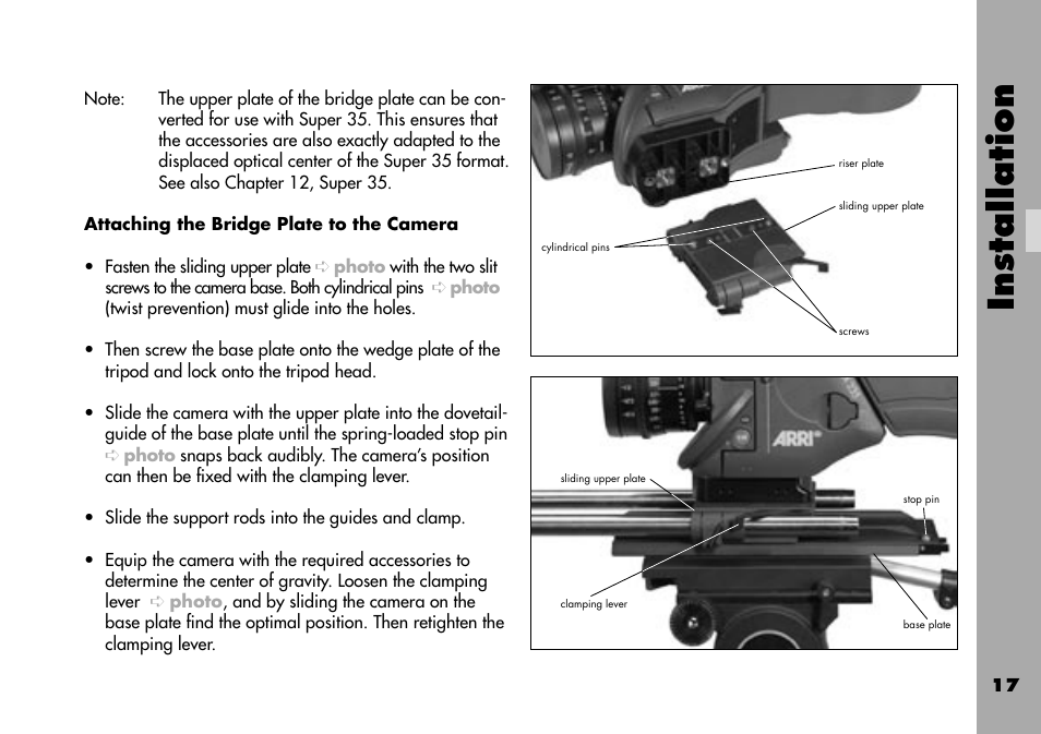 Attaching the bridge plate to the camera, Installation | ARRI ARRIFLEX 235 User Manual | Page 17 / 178
