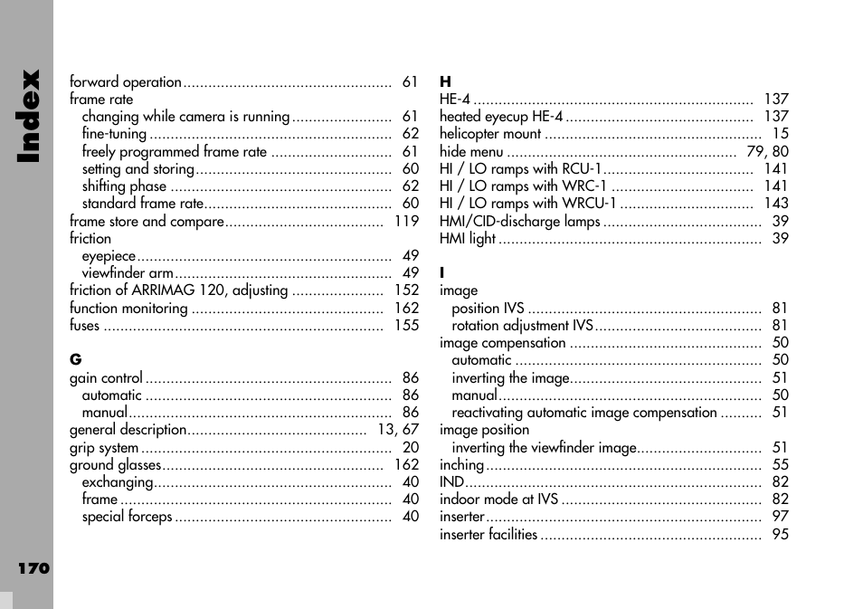 Index | ARRI ARRIFLEX 235 User Manual | Page 170 / 178
