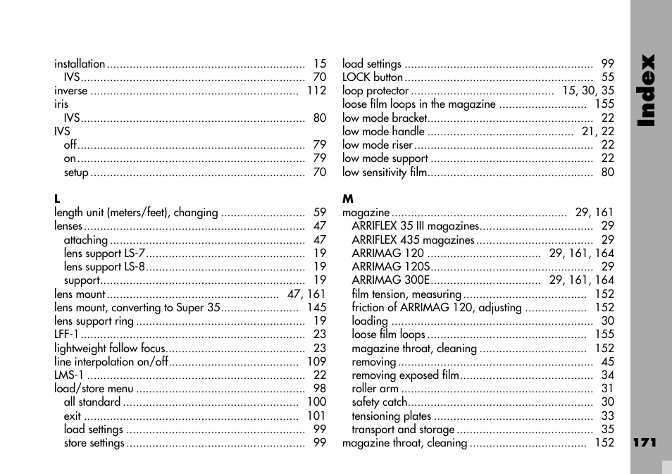 Index | ARRI ARRIFLEX 235 User Manual | Page 171 / 178