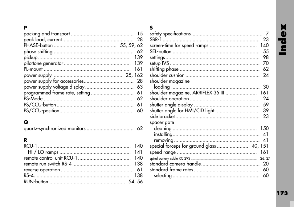 Index | ARRI ARRIFLEX 235 User Manual | Page 173 / 178