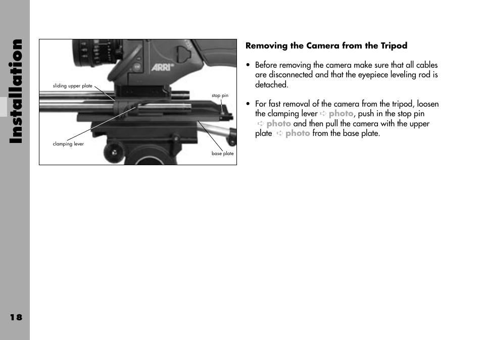 Removing the camera from the tripod, Installation | ARRI ARRIFLEX 235 User Manual | Page 18 / 178
