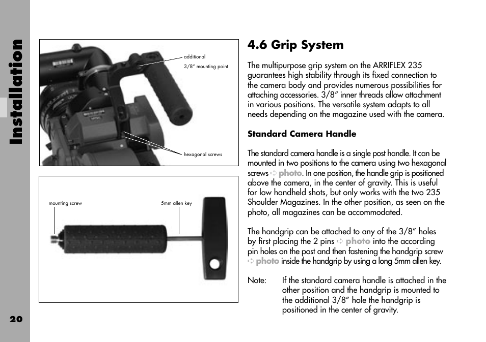 6 grip system, Standard camera handle, Installation | ARRI ARRIFLEX 235 User Manual | Page 20 / 178