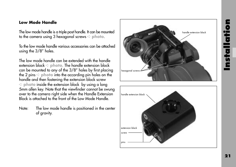 Low mode handle, Installation | ARRI ARRIFLEX 235 User Manual | Page 21 / 178