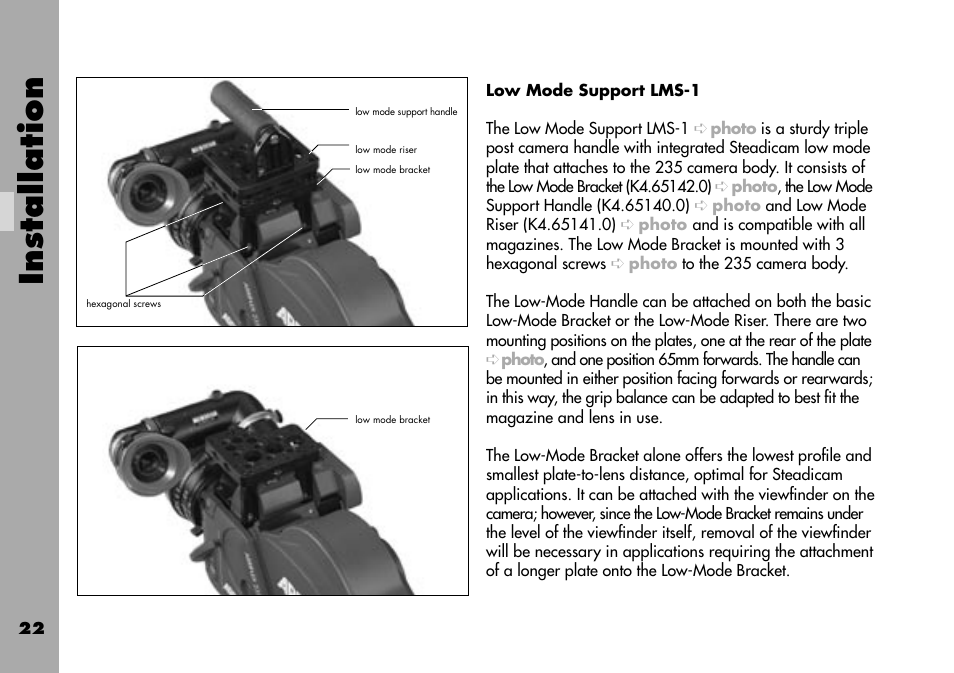 Low mode support lms-1, Installation | ARRI ARRIFLEX 235 User Manual | Page 22 / 178