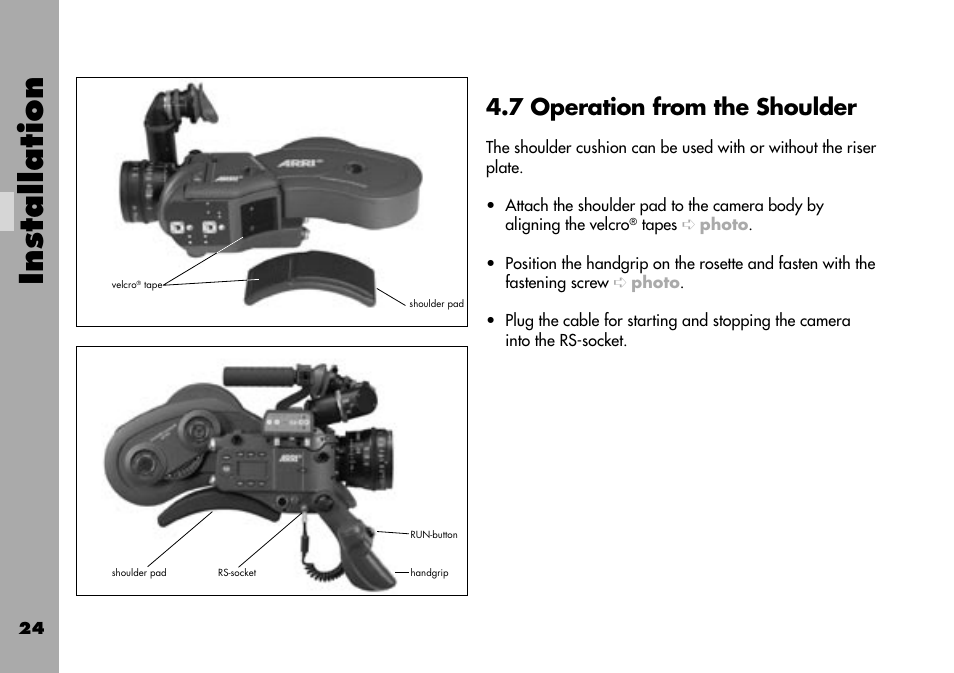 7 operation from the shoulder, Installation | ARRI ARRIFLEX 235 User Manual | Page 24 / 178