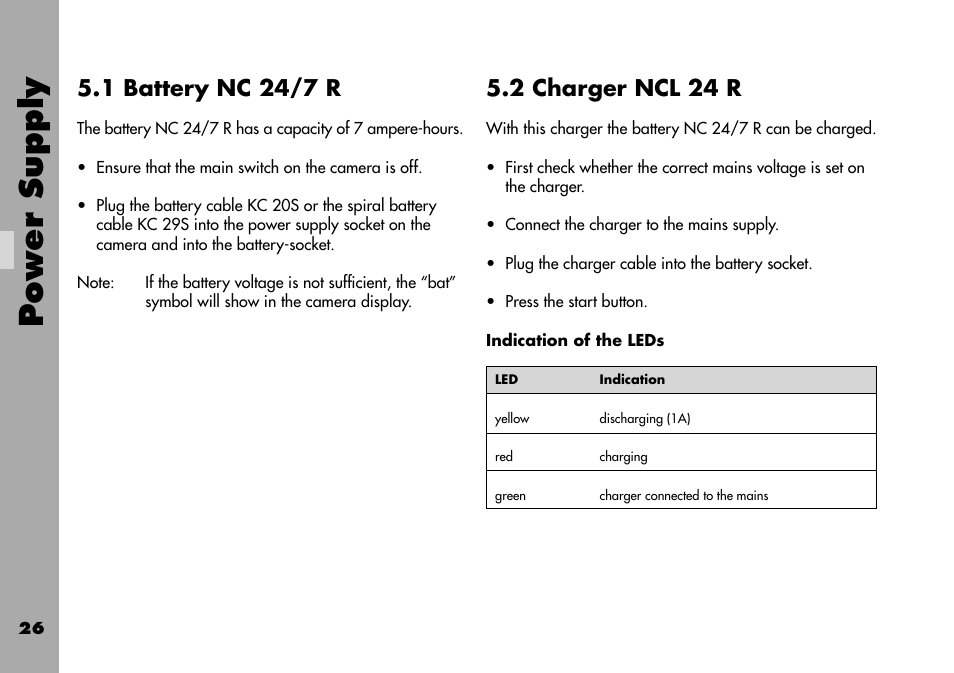 1 battery nc 24/7 r, 2 charger ncl 24 r, Power supply | ARRI ARRIFLEX 235 User Manual | Page 26 / 178