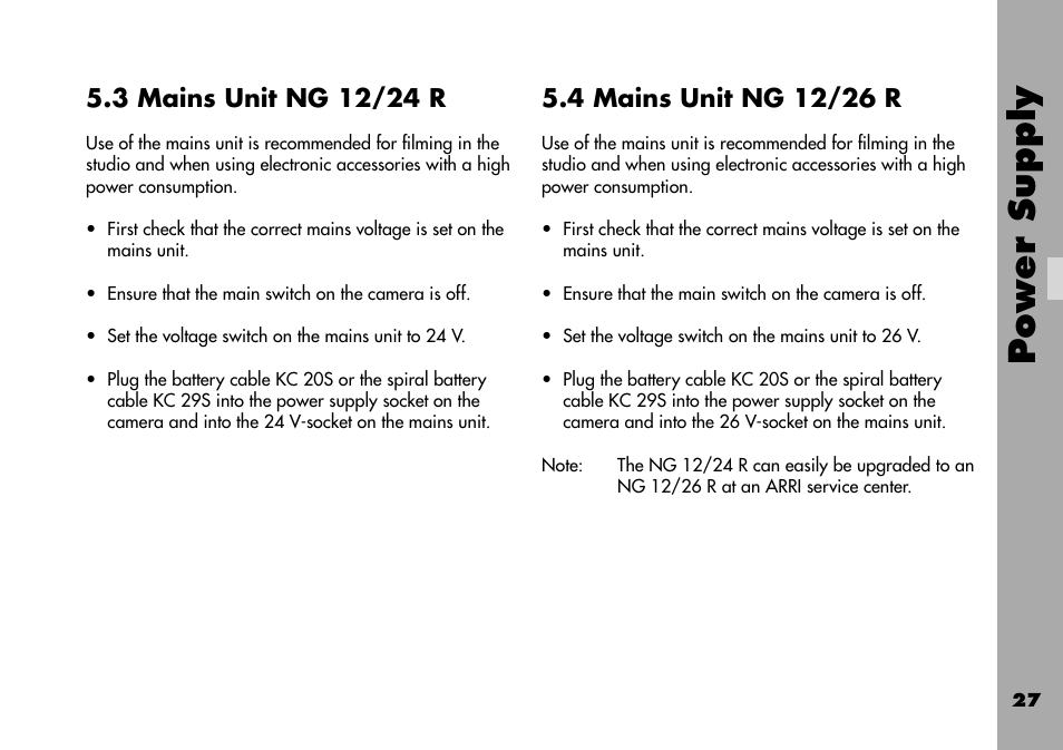3 mains unit ng 12/24 r, 4 mains unit ng 12/26 r, Power supply | ARRI ARRIFLEX 235 User Manual | Page 27 / 178