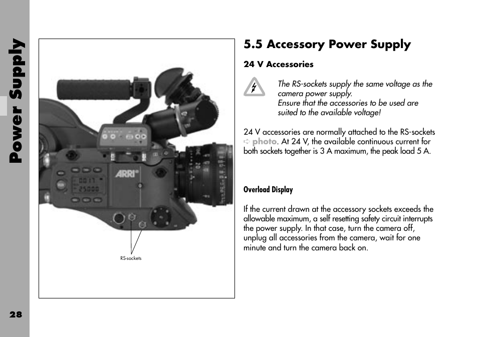 5 accessory power supply, 24 v accessories, Power supply | ARRI ARRIFLEX 235 User Manual | Page 28 / 178