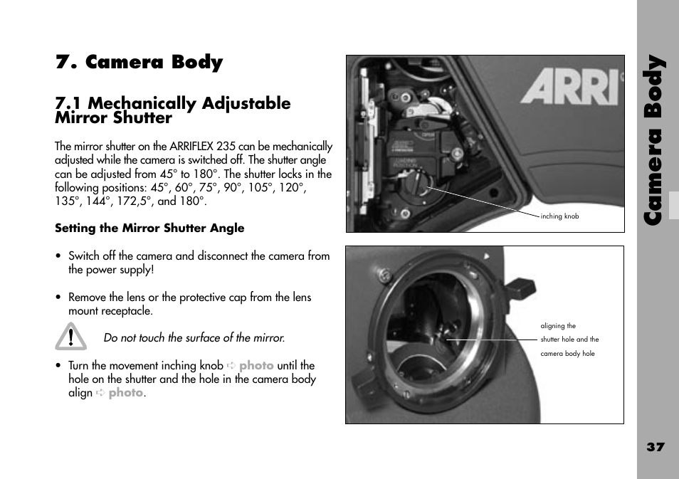 Camera body, 1 mechanically adjustable mirror shutter, Setting the mirror shutter angle | ARRI ARRIFLEX 235 User Manual | Page 37 / 178