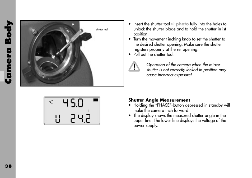Shutter angle measurement, Camera body | ARRI ARRIFLEX 235 User Manual | Page 38 / 178
