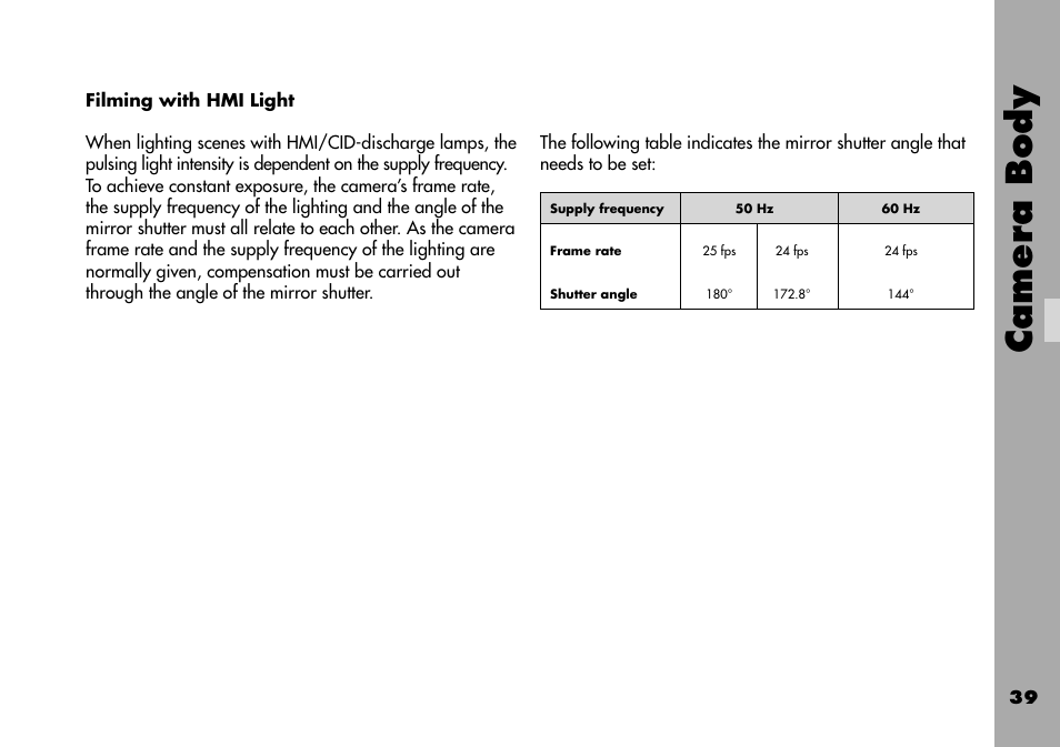 Filming with hmi light, Camera body | ARRI ARRIFLEX 235 User Manual | Page 39 / 178