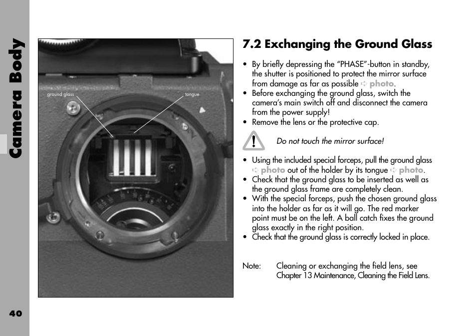2 exchanging the ground glass, Camera body | ARRI ARRIFLEX 235 User Manual | Page 40 / 178