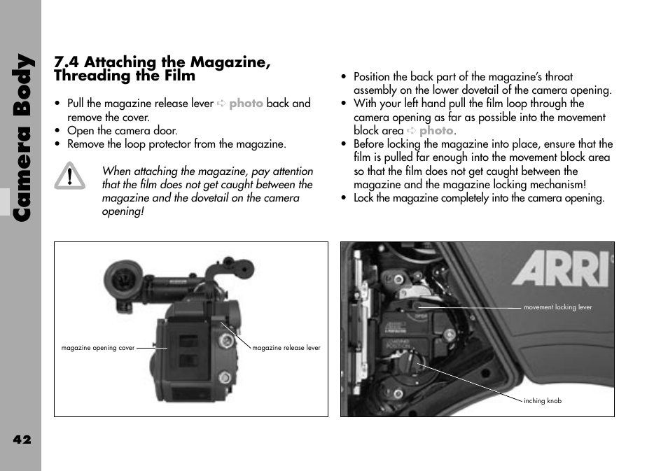 4 attaching the magazine,threading the film, Camera body, 4 attaching the magazine, threading the film | ARRI ARRIFLEX 235 User Manual | Page 42 / 178