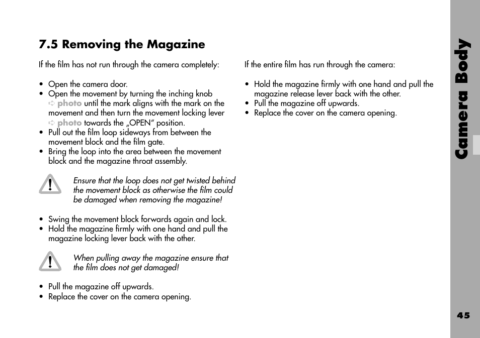 5 removing the magazine, Camera body | ARRI ARRIFLEX 235 User Manual | Page 45 / 178