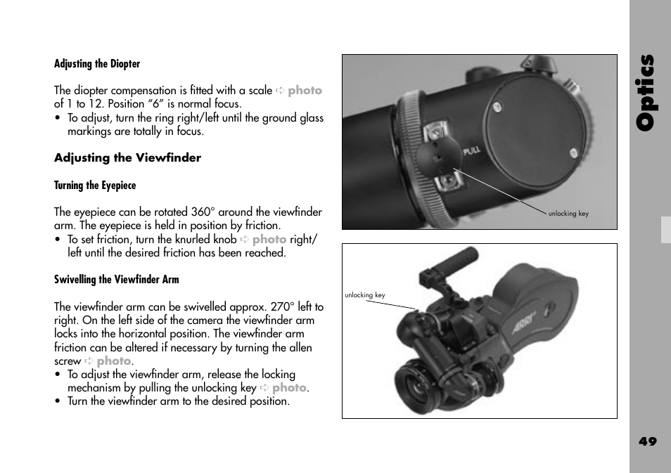 Adjusting the viewﬁnder, Optics | ARRI ARRIFLEX 235 User Manual | Page 49 / 178